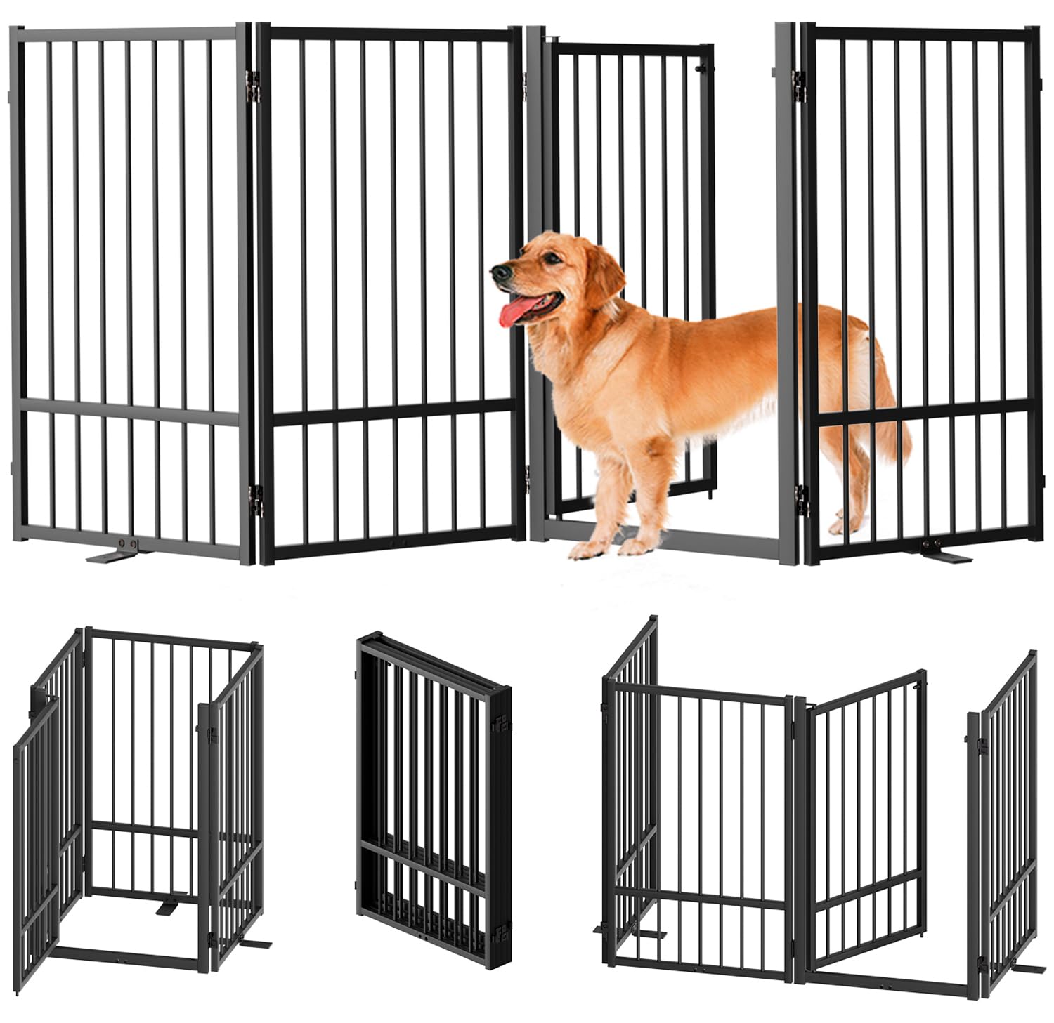 Full Metal Freestanding Dog Gate with Door - 32'' Tall Foldable Pet Fence for Indoor & Outdoor Use - Extra Wide 4-Panel Design for Doorways, Stairs, Porch, Deck & Yard - Perfect for Home Safety & Pet Containment