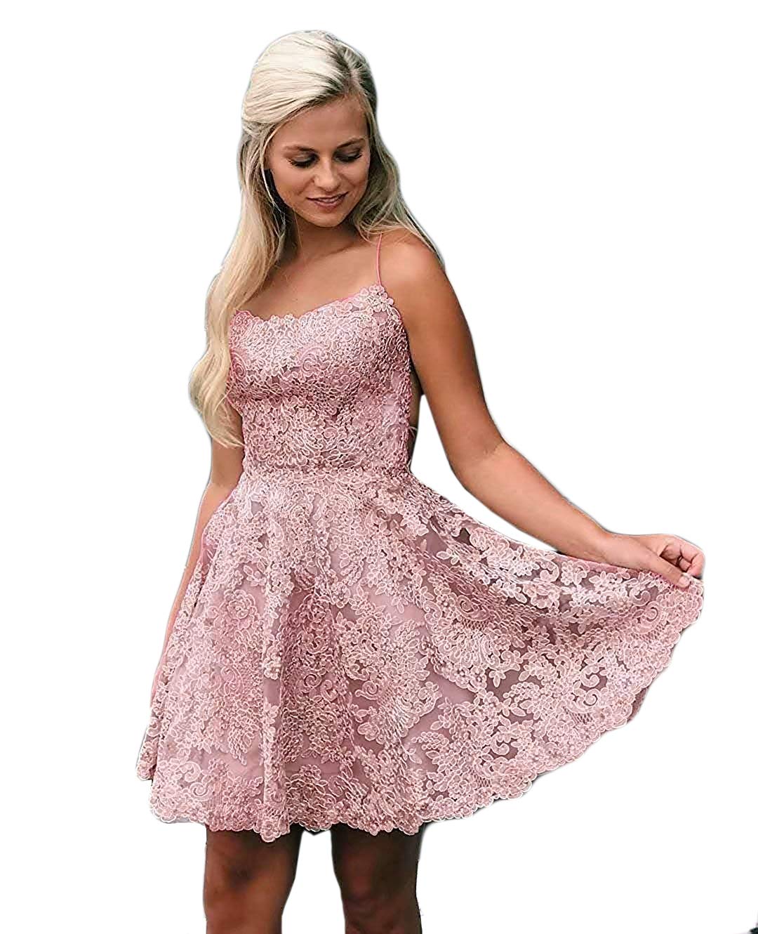 Lilyla Women's Short Lace Homecoming Dress with Spaghetti Straps - A-Line Party Gown for Prom, Cocktail, and Formal Events