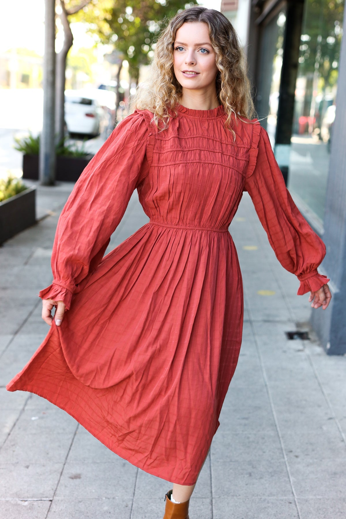 Love Found Rust Mock Neck Embossed Lined Dress - Elegant Fall Winter Women's Fashion for Date Night, Office Wear & Special Occasions