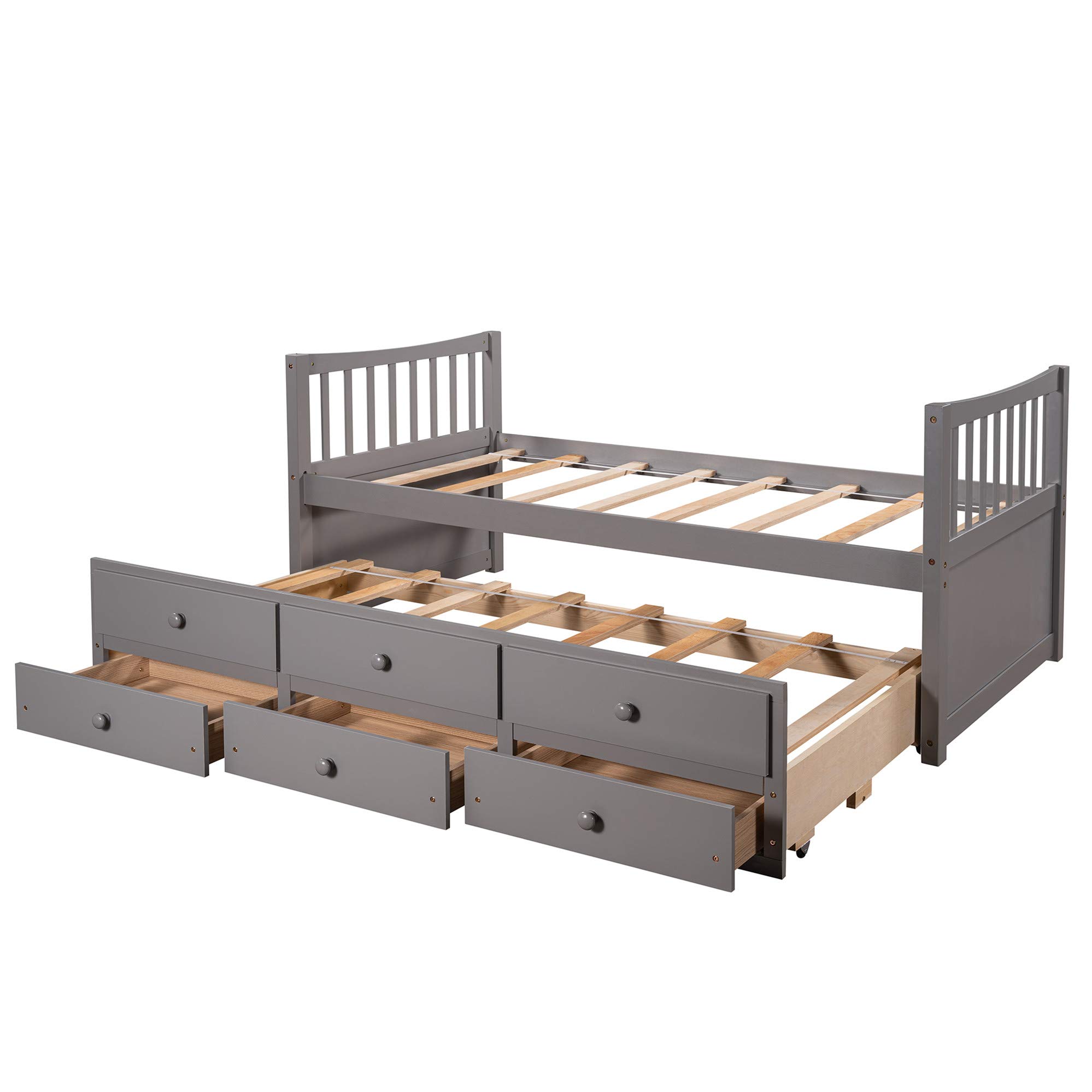 Harper & Bright Designs Twin Captain’s Bed with Storage Drawers & Trundle - Solid Wood Daybed for Kids & Guest Room, Gray - Perfect for Small Spaces & Sleepovers