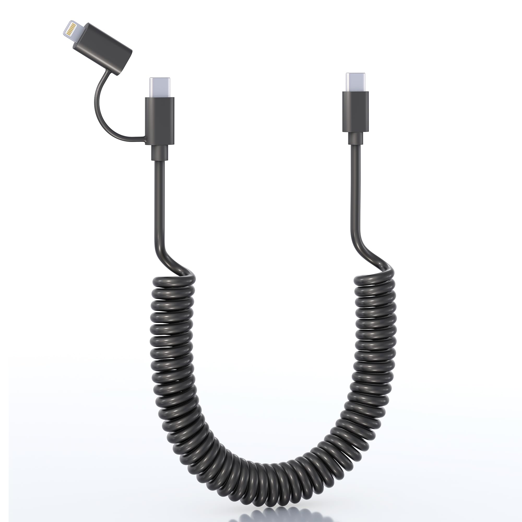 2-in-1 USB C to Lightning & USB C Cable - 60W Fast Charging & Data Sync - Compatible with iPhone, Android, iPad, Laptop - Coil Design for Car Play & Android Auto (Black) - Perfect for Travel, Office & Car Charging