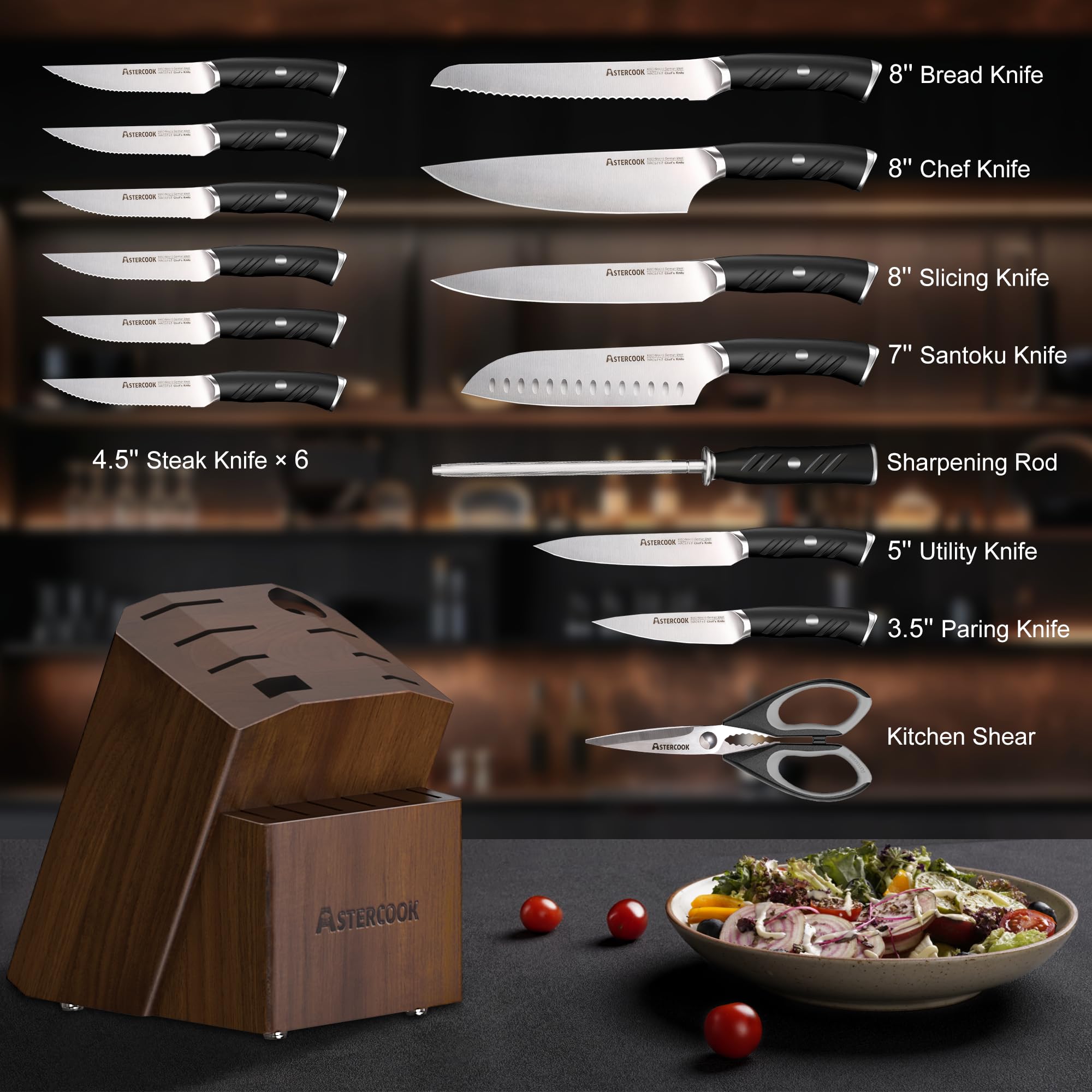 Astercook 15-Piece German Steel Kitchen Knife Set - 1.4116 Stainless Steel, Rust Proof, Full Tang Knives with Ergonomic Nylon Handle, Dishwasher Safe - Perfect for Home Chefs, Cooking Enthusiasts & Professional Kitchens