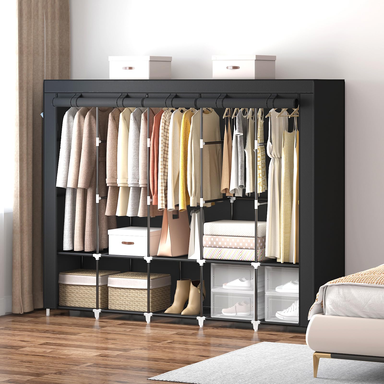 83 Inch Wide Portable Closet Wardrobe with Cover - 5 Hanging Rods & 10 Shelves for Clothes Storage Organization | Foldable Clothes Rack with Side Pockets | Perfect for Bedroom, Dorm, Apartment or Temporary Storage (Black)
