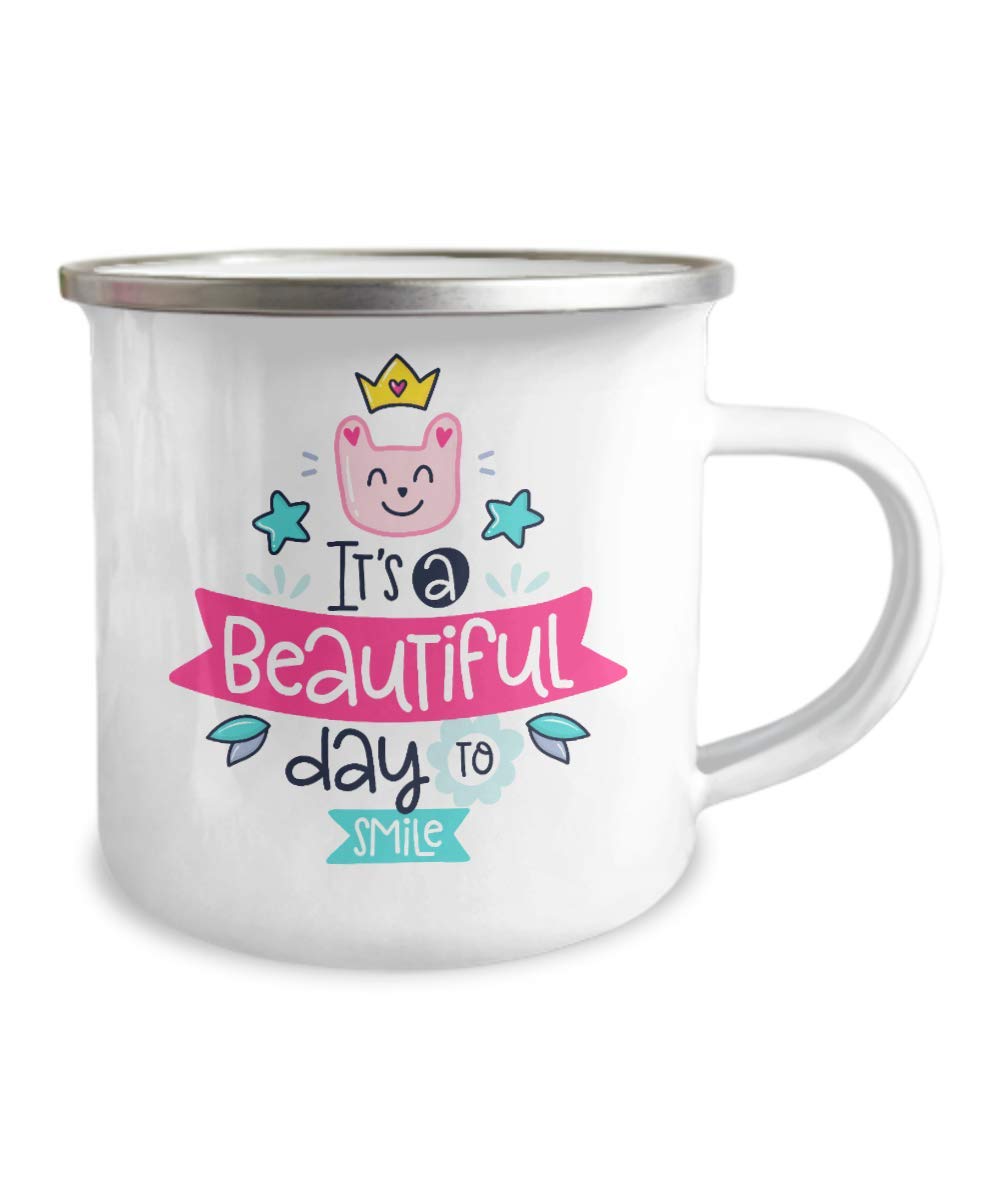 Zapbest Motivational Coffee Mug - 12oz Stainless Steel Enamel Camping Mug with 'It's a Beautiful Day to Smile' Design - Perfect for Morning Coffee, Outdoor Adventures & Office Use