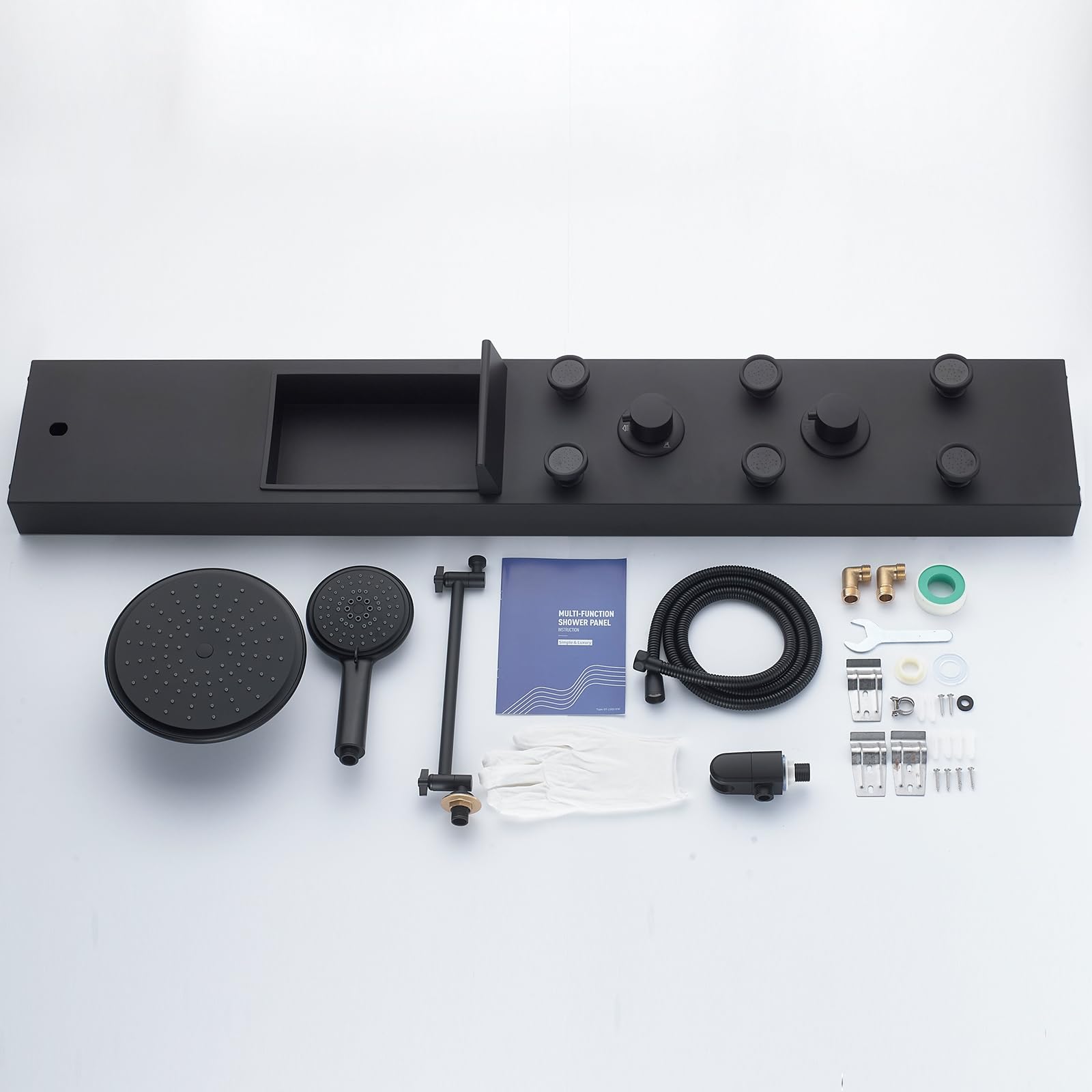 Premium Stainless Steel Shower Panel Tower System with Adjustable Height Rainfall Shower Head, 6 Body Massage Jets & Built-in Shelf - Modern Black Bathroom Shower Column for Spa-like Relaxation (Perfect for Master Bathrooms, Luxury Home Renovations & Hotel Style Showers)