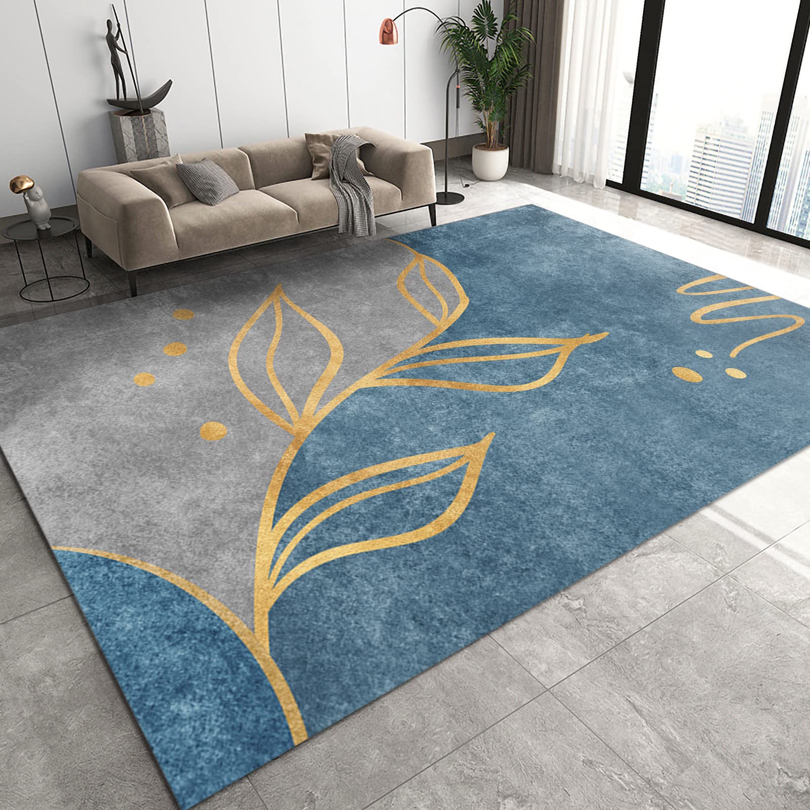 Modern Minimalist Leaf Area Rug with Gilded Line Design - Breathable, Non-Slip, Washable - Soft Plush & Durable 6x8ft - Perfect for Playroom, Bedroom, Living Room, Study & Dining Room Decor