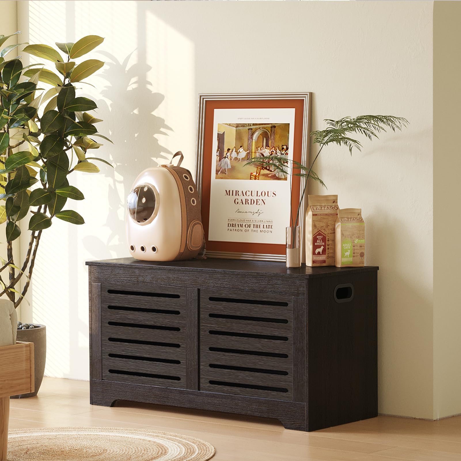 DINZI LVJ Flip-Top Wooden Storage Chest - Retro Entryway Shoe Bench with 2 Safety Hinges | Large Sturdy Toy Box & Storage Trunk for Living Room, Bedroom, Nursery | Easy Assembly Espresso Finish | Perfect for Kids' Room Organization & Entryway Seating