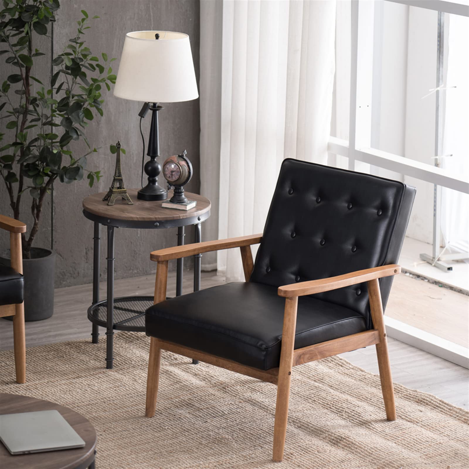 Retro Modern Wooden Single Accent Chair - Button Tufted Design with Solid Wood Legs (400 lbs Capacity) - Perfect for Living Room, Bedroom, Home Office & Reading Nook - Black PU Leather Comfort Chair for Relaxation & Decor