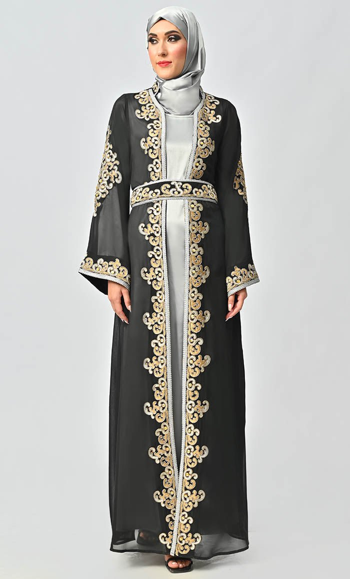 Egyptian Moroccan Style Embroidered Georgette Abaya with Grey Satin Lining - Elegant Islamic Dress for Women, Perfect for Prayer, Weddings & Special Occasions