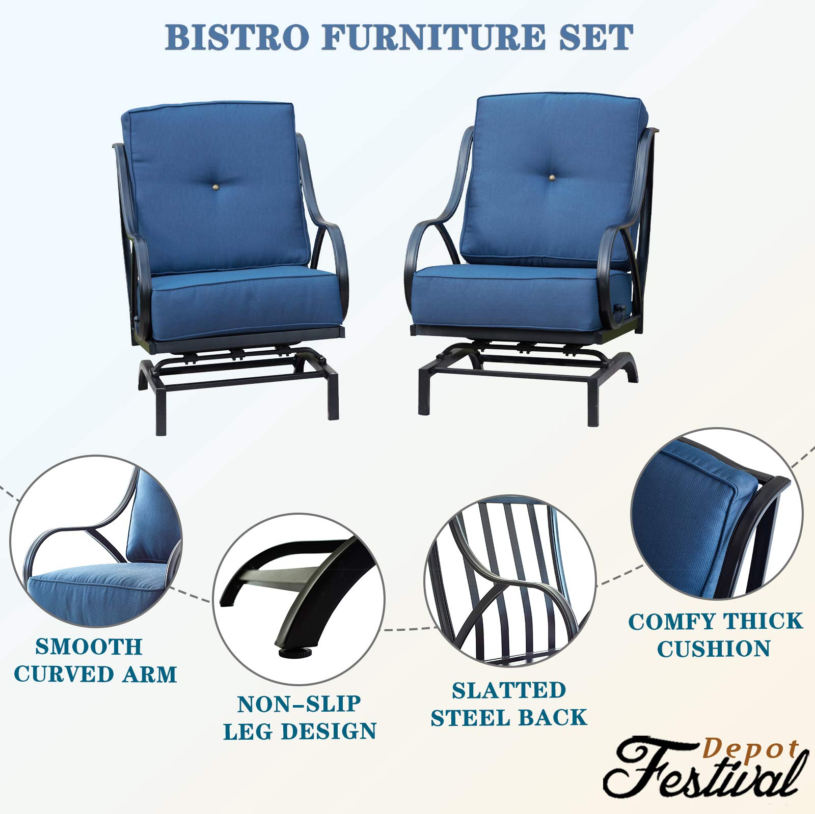Festival Depot 2-Piece Metal Patio Armchair Set with Thick Cushions - Outdoor Bistro Furniture for Deck, Garden & Backyard (Blue) - Perfect for Relaxing, Entertaining & Outdoor Dining