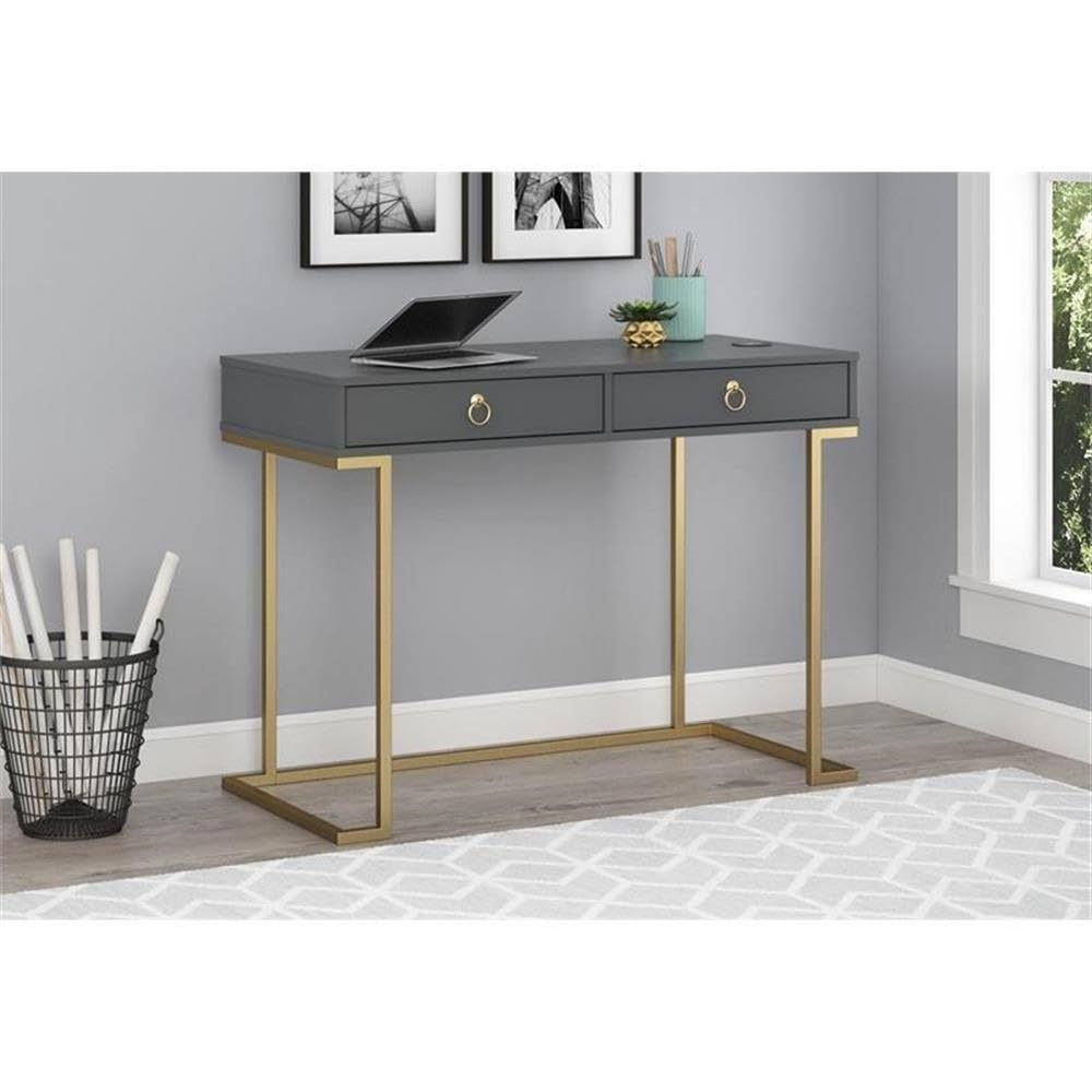 Pemberly Row Modern Wood and Metal Computer Desk - Graphite Gray & Gold Finish | Home Office, Study, Gaming & Workspace Solution