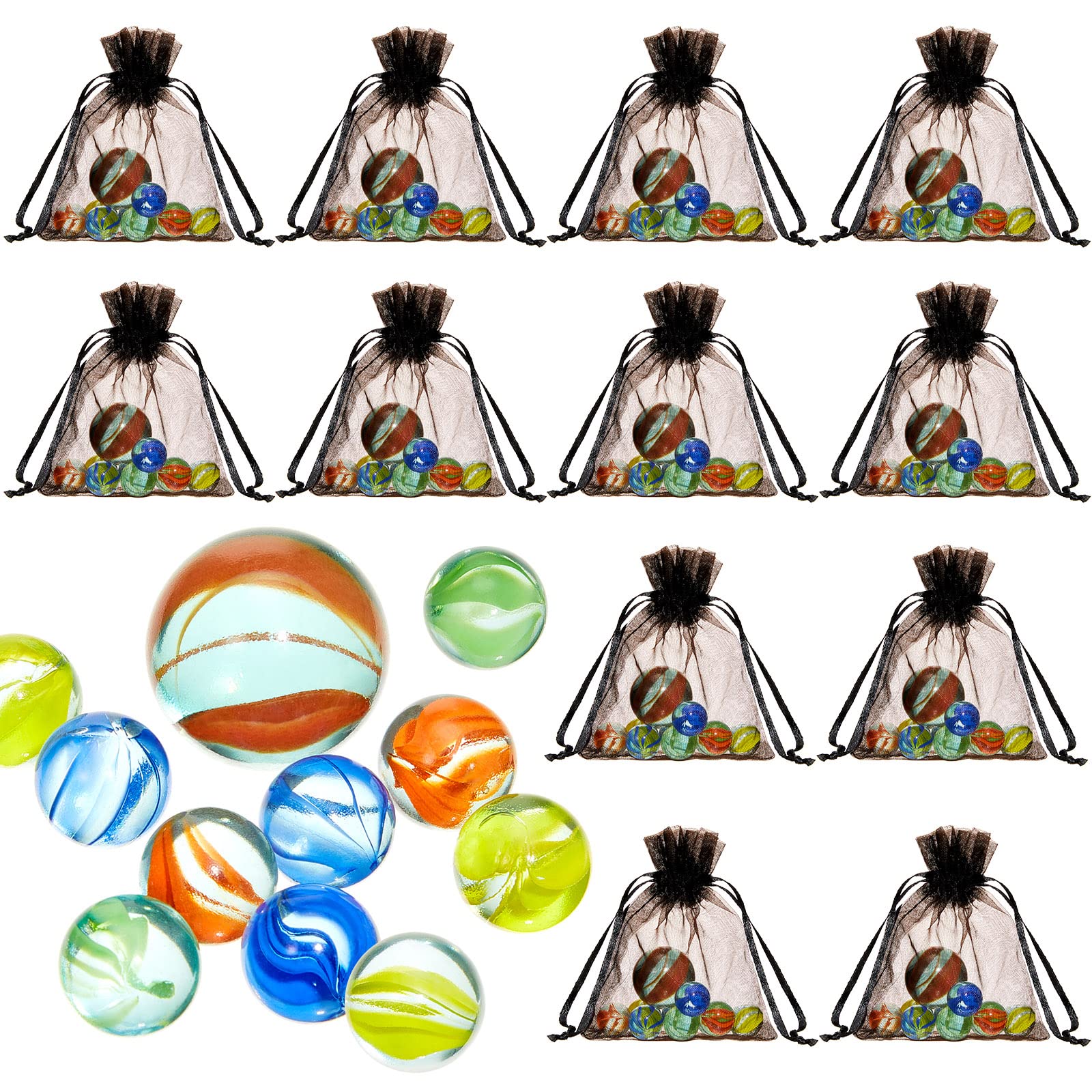 12 Pack Glass Marble Game Sets with Black Drawstring Bag - Includes 11 Marbles & 1 Shooter for Kids & Adults - Perfect for Indoor/Outdoor Play, Birthday Parties & Family Game Nights