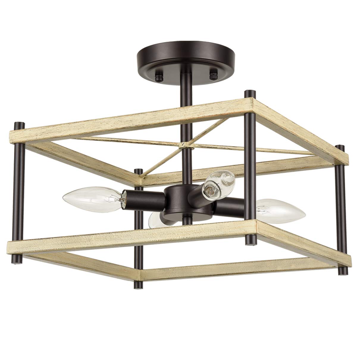 12-Inch Farmhouse Semi Flush Mount Ceiling Light - Modern Black & Wood 4-Light Fixture for Hallway, Bedroom, Foyer, Kitchen, Living & Dining Room - Perfect for Rustic Home Decor & Cozy Ambiance