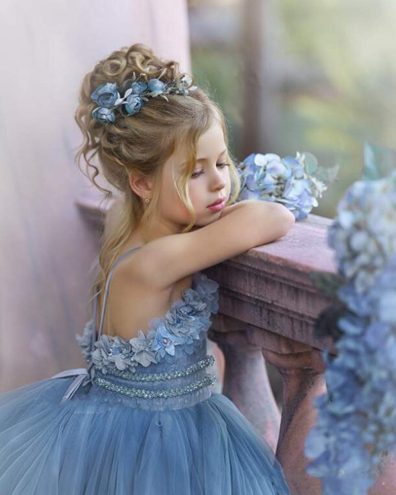 Honeydress Girls Spaghetti Strap Lace Floral Applique Tiered A-Line Pageant Dress - Sky Blue Kids Birthday Party Gown for Special Occasions & Photo Shoots