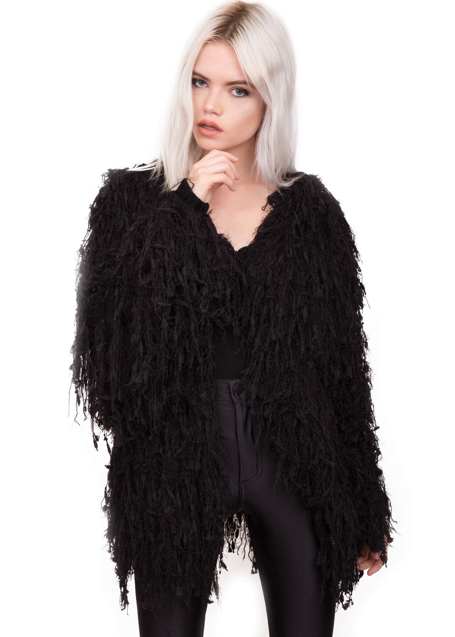 Women's Black Fringe Shaggy Faux Fur Open Front Cardigan Jacket - Cozy Winter Outerwear for Casual Outings & Evening Parties