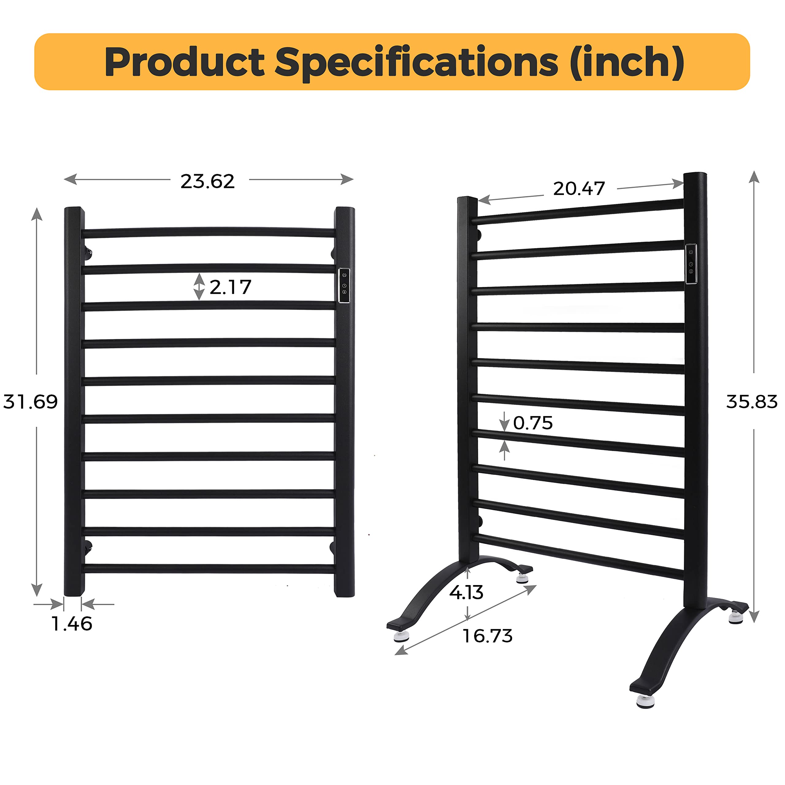DELAVIN 10 Bars Electric Towel Warmer with Timer & Temperature Control - Wall Mount or Standing Heated Towel Rack - Hardwired & Plug-in Options - Mild Steel Matte Black - Perfect for Bathrooms, Spas & Luxury Home Heating