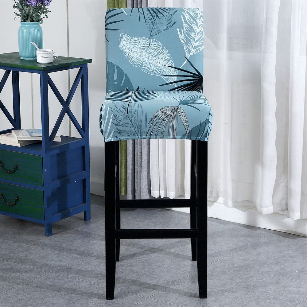 Stretch Washable Bar Stool Covers Set of 4 - Counter Height Kitchen Dining Chair Slipcovers - Blue Foliage Design for Home, Cafe & Restaurant Decor