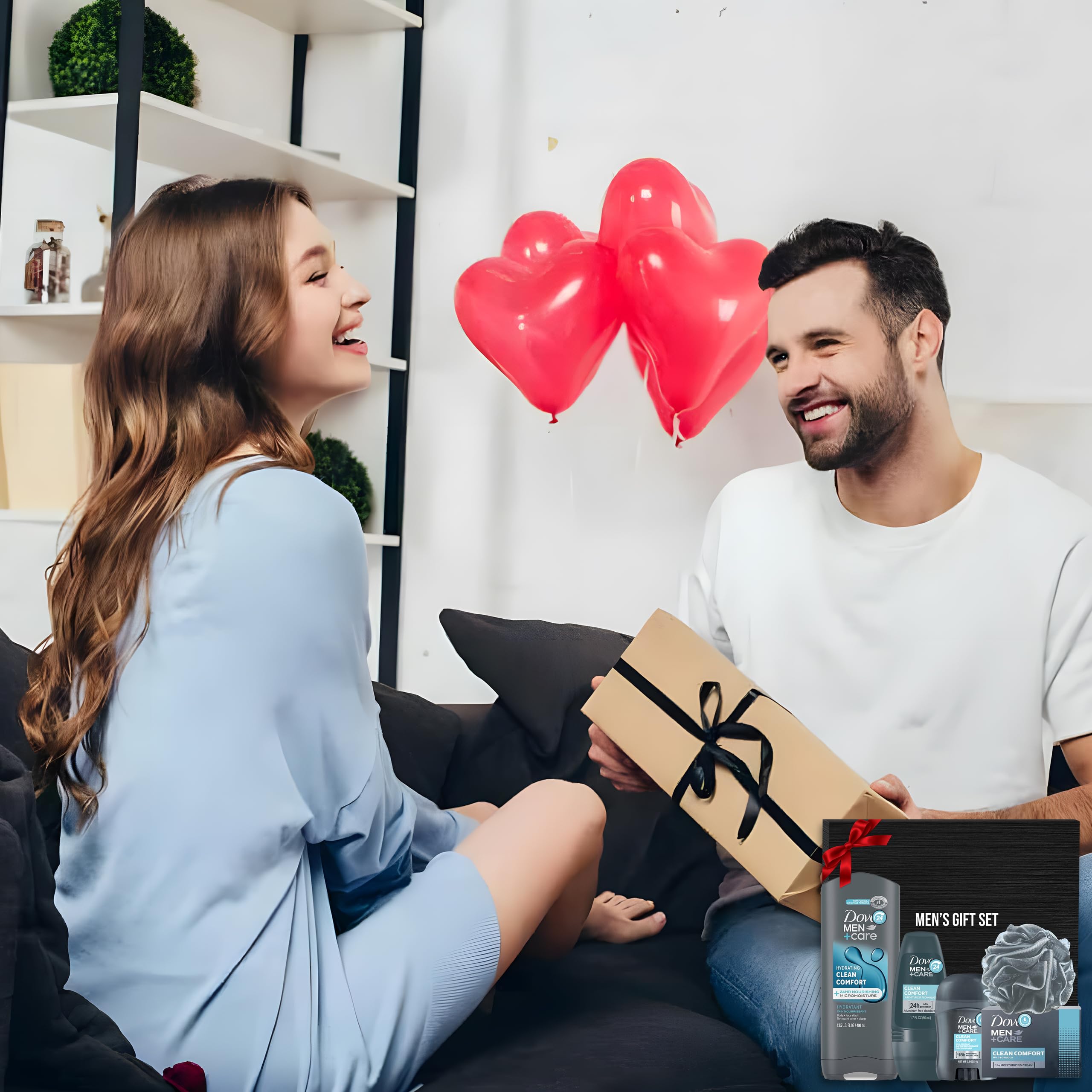 Men's Valentine's Day Gift Set - 5 Piece Body Care Kit with Clean Comfort Body Wash, Deodorant Stick & Roll-On, Bar Soap & Shower Pouf - Perfect for Romantic Gifts, Anniversary Presents & Self-Care Routines
