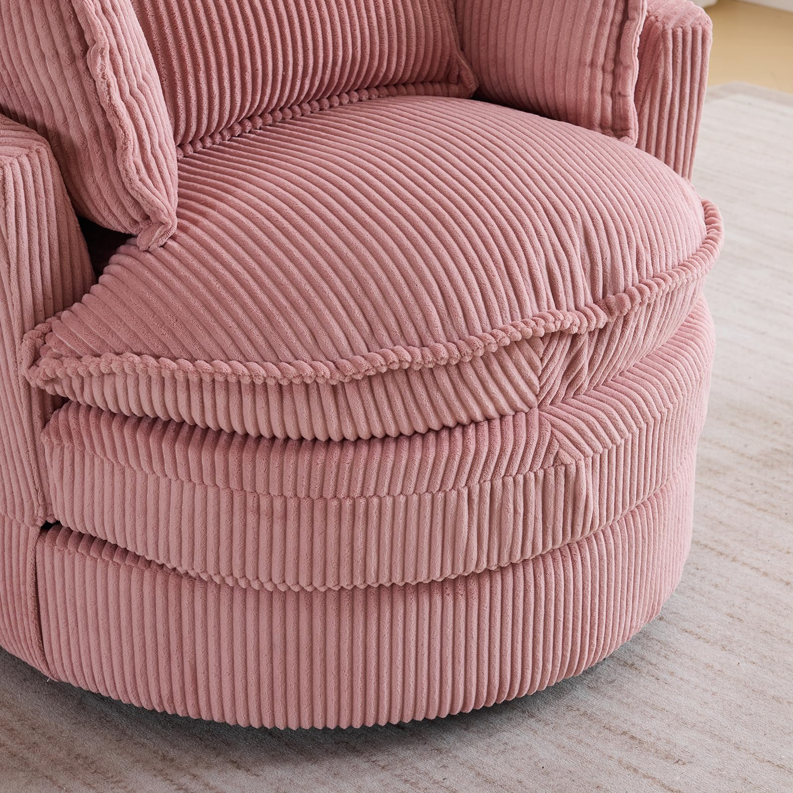 Karl Home 360-Degree Swivel Barrel Chair - Modern Corduroy Lounge Armchair with 3 Pillows, Comfortable Round Accent Sofa for Living Room, Bedroom, Hotel | Perfect for Small Spaces, Reading Nooks & Cozy Corners (Pink)
