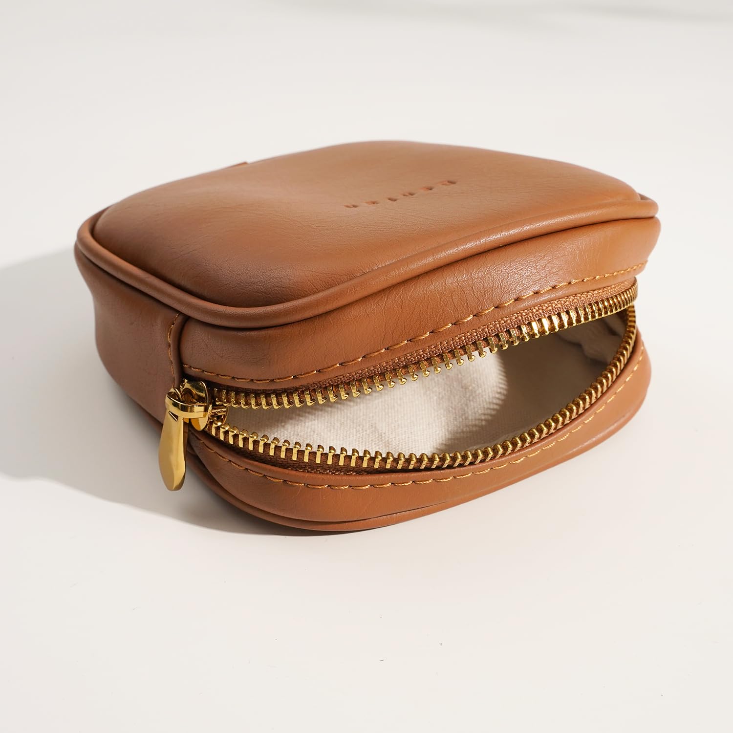 Genuine Leather Cosmetic Bag for Women - Small Waterproof Zipper Makeup Pouch - Travel Organizer for Purse, Charger & Accessories - Brown (Perfect for Daily Use, Travel & Gift Giving)