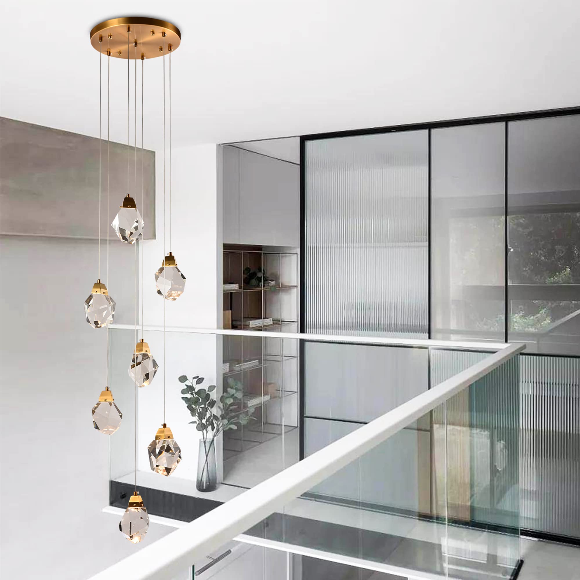 7-Light Modern Brass Crystal Chandelier - 21W Dimmable LED Diamond Pendant Light Fixture for Living Room, Dining Room | Elegant Ceiling Lighting for Home Decor & Special Occasions