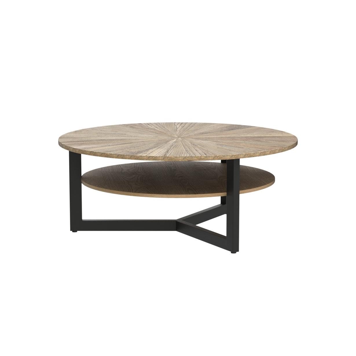 Round Coffee Table for Living Room - 2 Tier Solid Wood Coffee Table with Storage Shelf & Black Metal Legs, 33.5