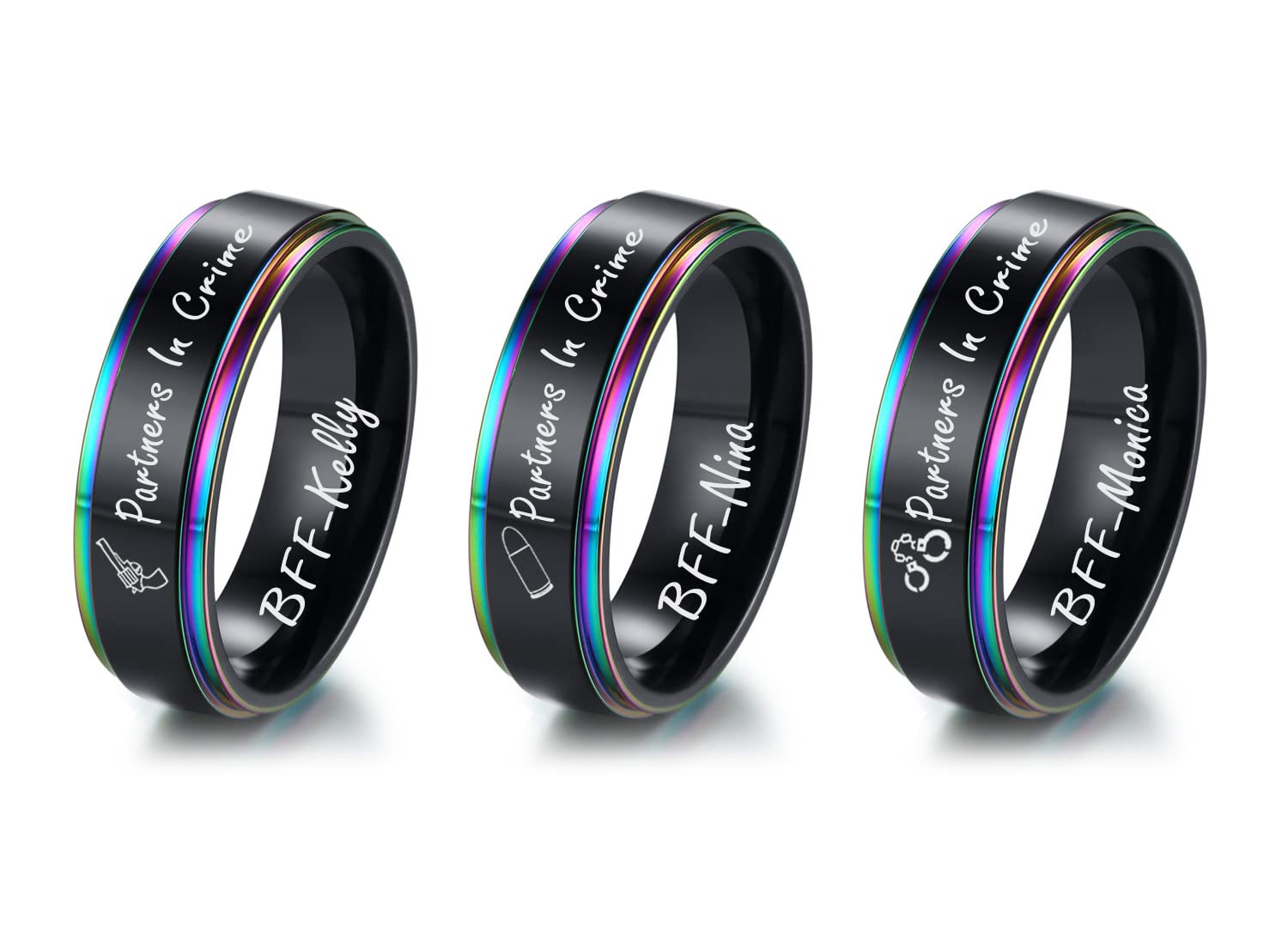 Stainless Steel Rainbow Edge Promise Ring Set - Moon, Sun, Star & Cloud Design for BFFs, Sisters & Bridesmaids | 6MM Polish Engagement Band for Anxiety Relief | Perfect Gift for Best Friends, Weddings & Special Occasions
