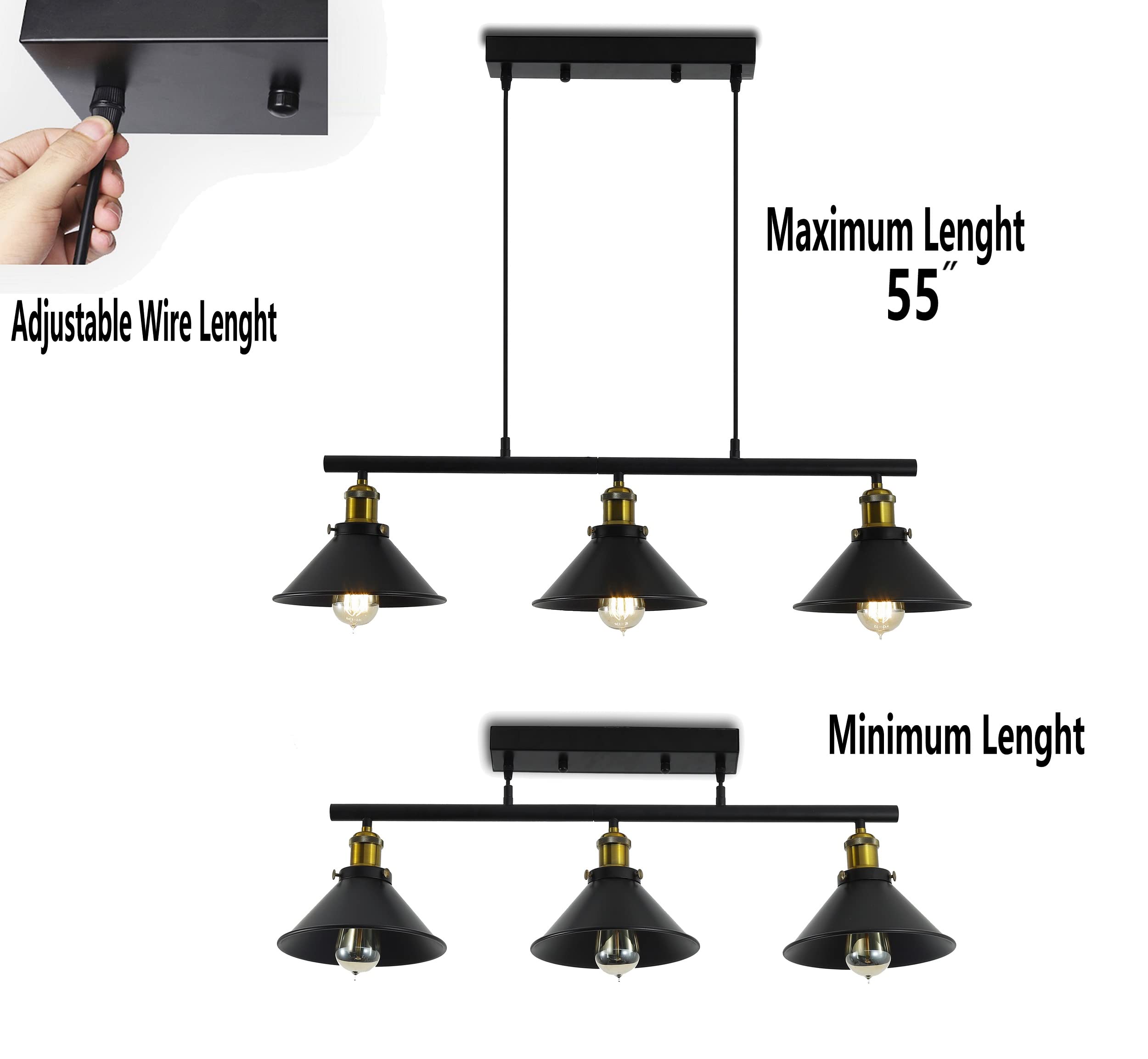 3-Light Kitchen Island Pendant Light Fixture - Farmhouse Linear Hanging Chandelier with Matte Black Finish for Kitchen, Dining Room, Bar, Pool Table | Modern Industrial Lighting for Home Decor & Restaurant Ambiance