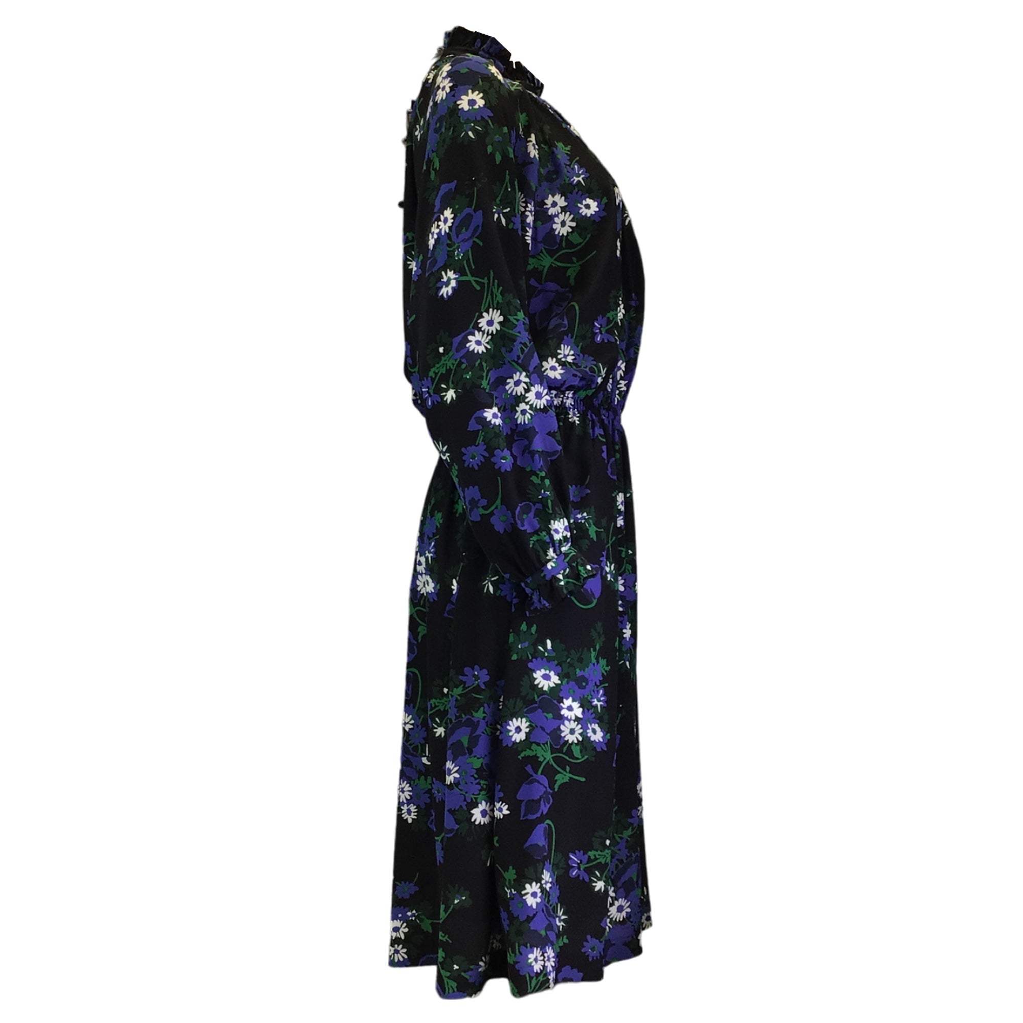 Plan C Black Blue Green Multi Floral Printed Long Sleeve Silk Midi Dress for Women - Elegant Party, Wedding Guest & Special Occasion Wear