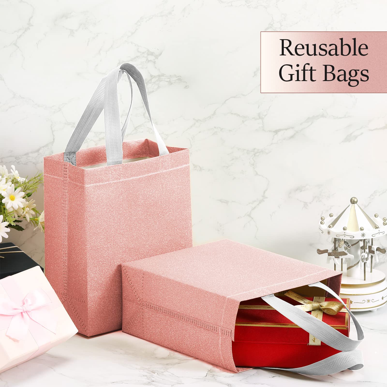48 Pack Rose Gold Glitter Wedding Favor Bags with Handles - 6.5x3.1x7.8 Inch Reusable Non-Woven Tote Gift Bags for Bridal Showers, Baby Showers, Birthday Parties & Holiday Celebrations