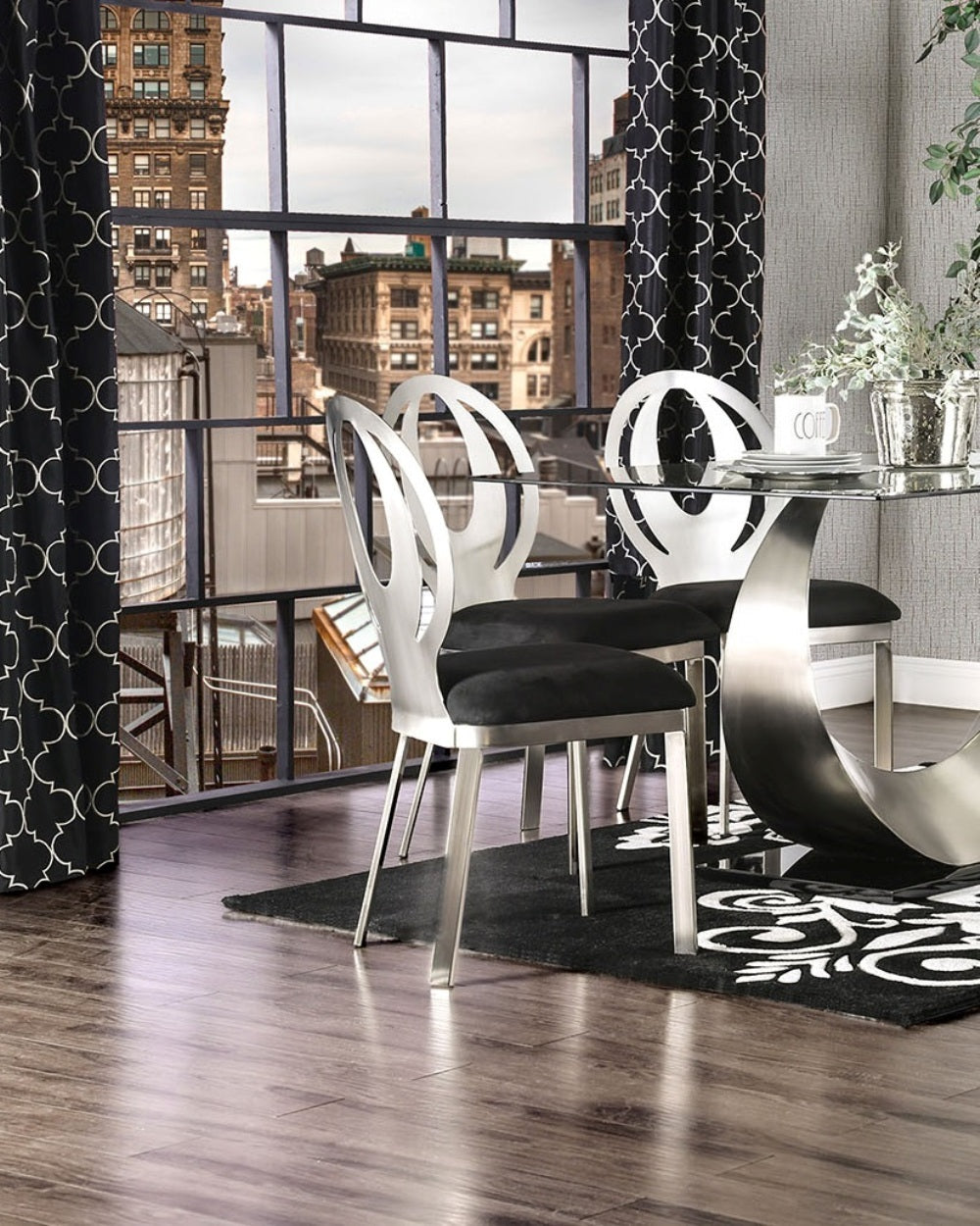 Modern Silver Metal Frame 2-Piece Dining Chairs Set with Black Microfiber Cushion & Oval Back Design - Elegant Kitchen & Dining Room Furniture for Home Decor
