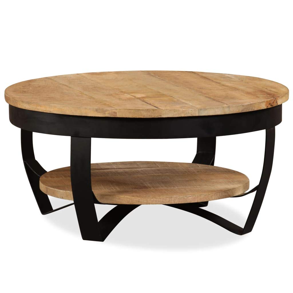 Vintage Industrial Round Coffee Table with Shelf - Solid Mango Wood & Steel Base - 25.6