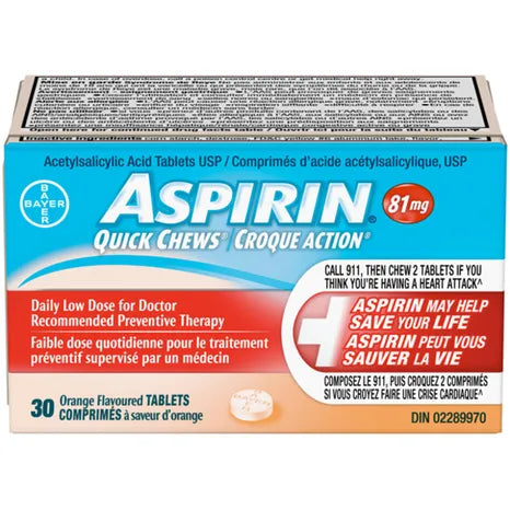 Aspirin Quick Chew Tablets 81mg (30 Count) - Fast Pain Relief for Headaches, Muscle Aches & Heart Health Support - Convenient Travel & Home Use