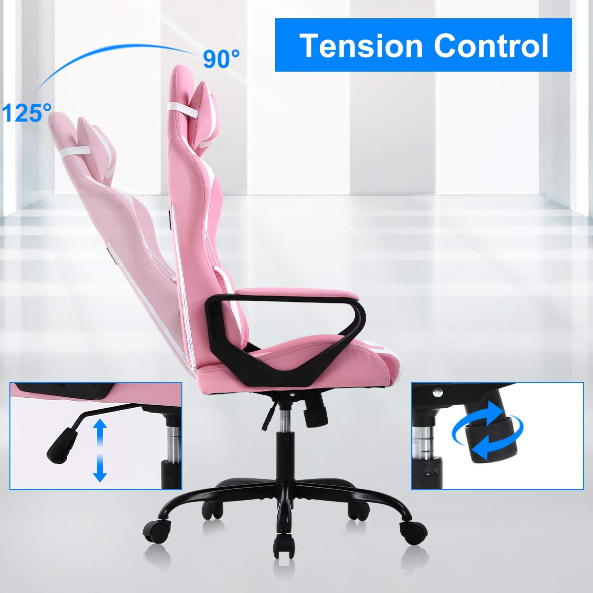 Ergonomic Gaming Chair with Lumbar Support & Headrest - High Back PU Leather Office Computer Chair with Adjustable Height, Armrests & Swivel for Men & Women - Perfect for Gaming, Work & Home Office (Pink)