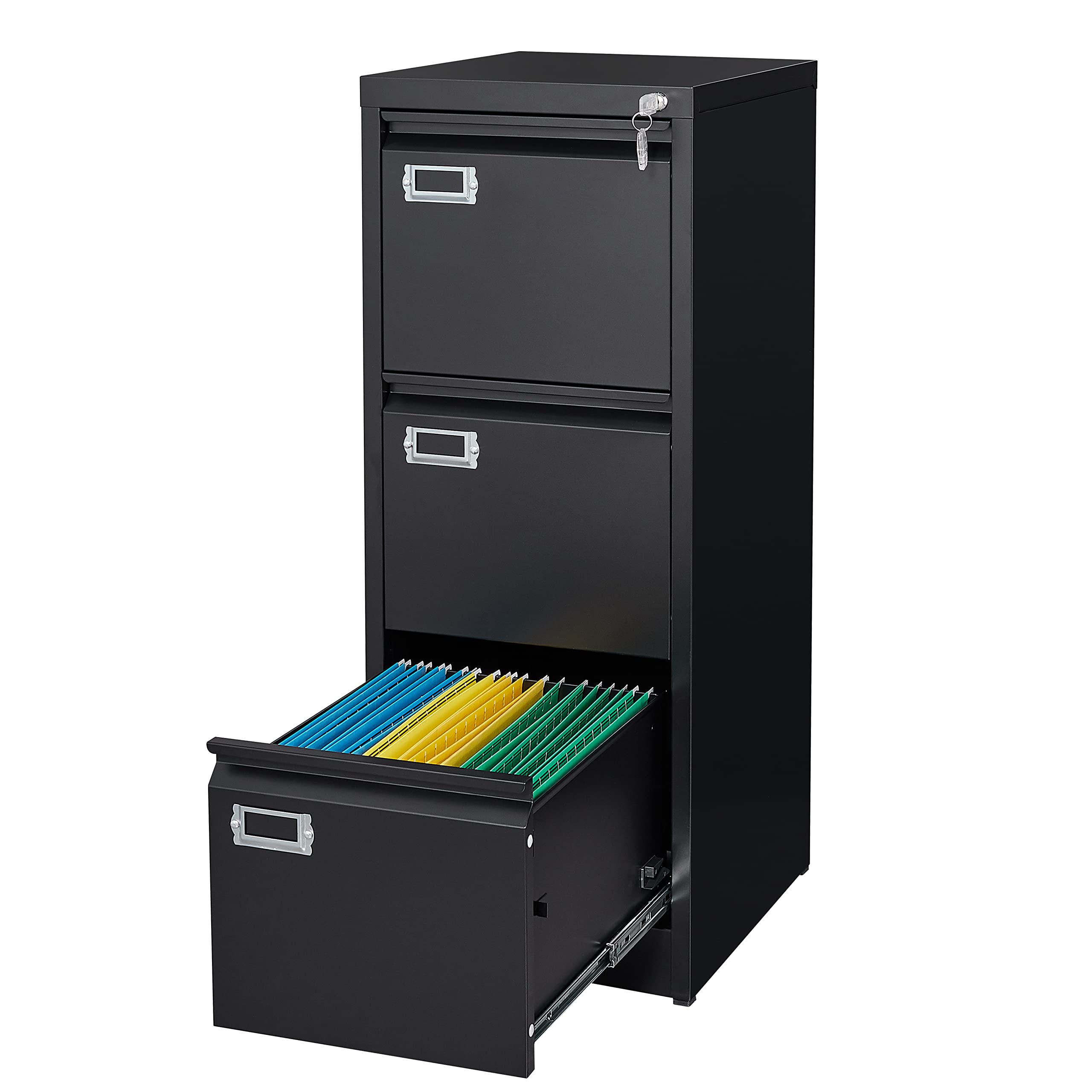 Yizosh 3-Drawer Black Locking File Cabinet - Metal Vertical Office Storage Organizer for Legal/A4 Documents - Secure Home & Office Filing Solution for Paperwork Organization
