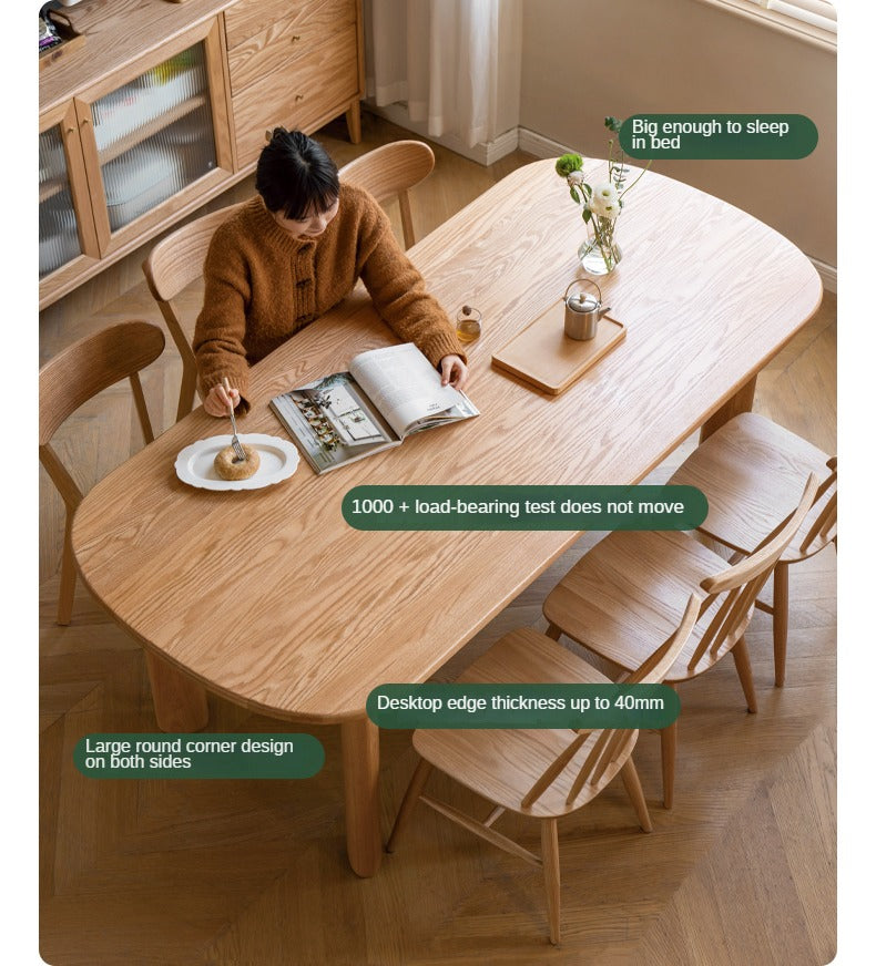 Solid Oak Wood Round Corner Long Dining Table - Rustic Farmhouse Style for Family Gatherings & Dinner Parties