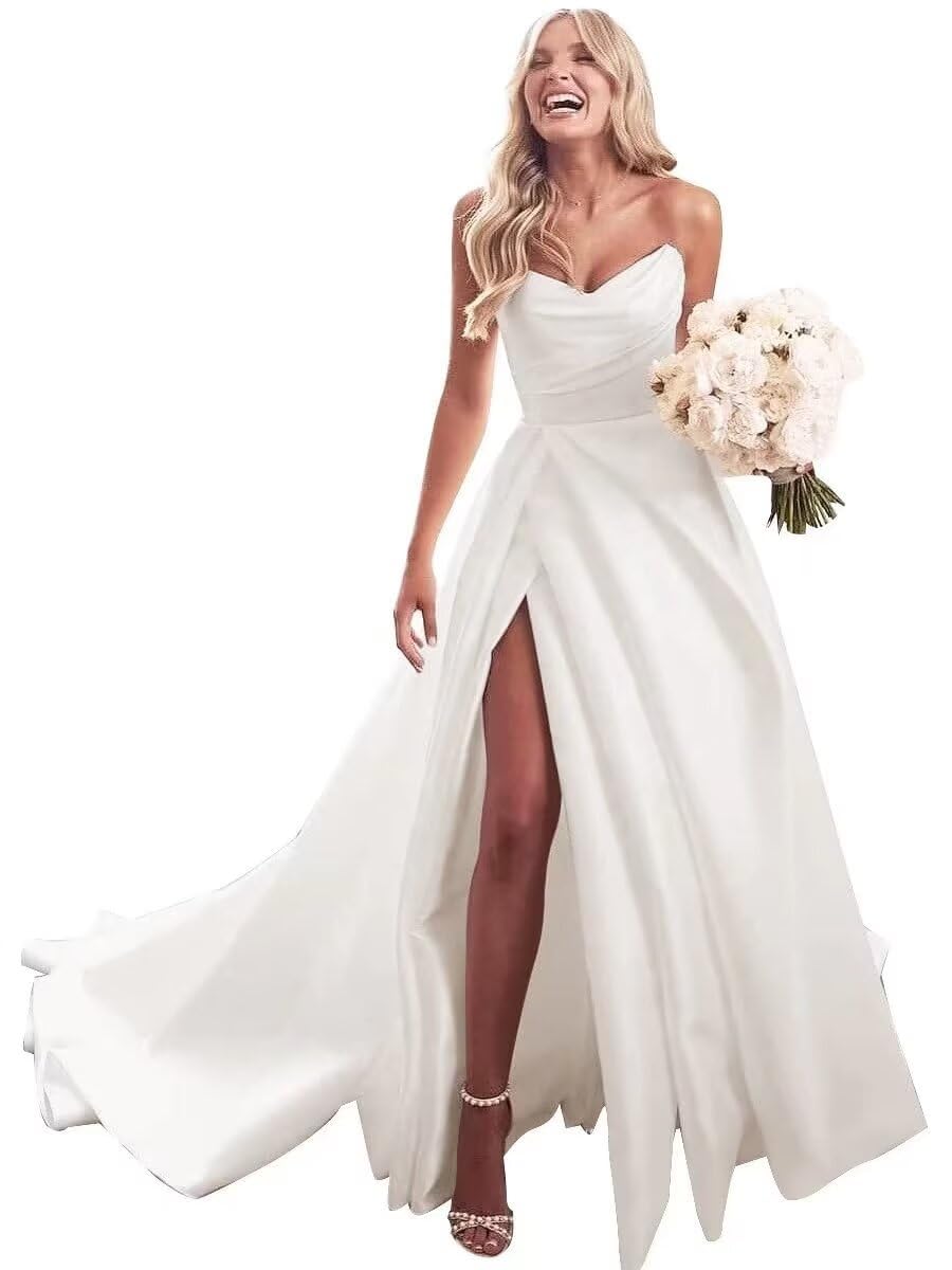 Sweetheart Neckline Wedding Dresses for Women | Elegant Long Satin Formal Gown with High Slit | Perfect for Evening Parties, Prom & Bridal Events | DR0108-03