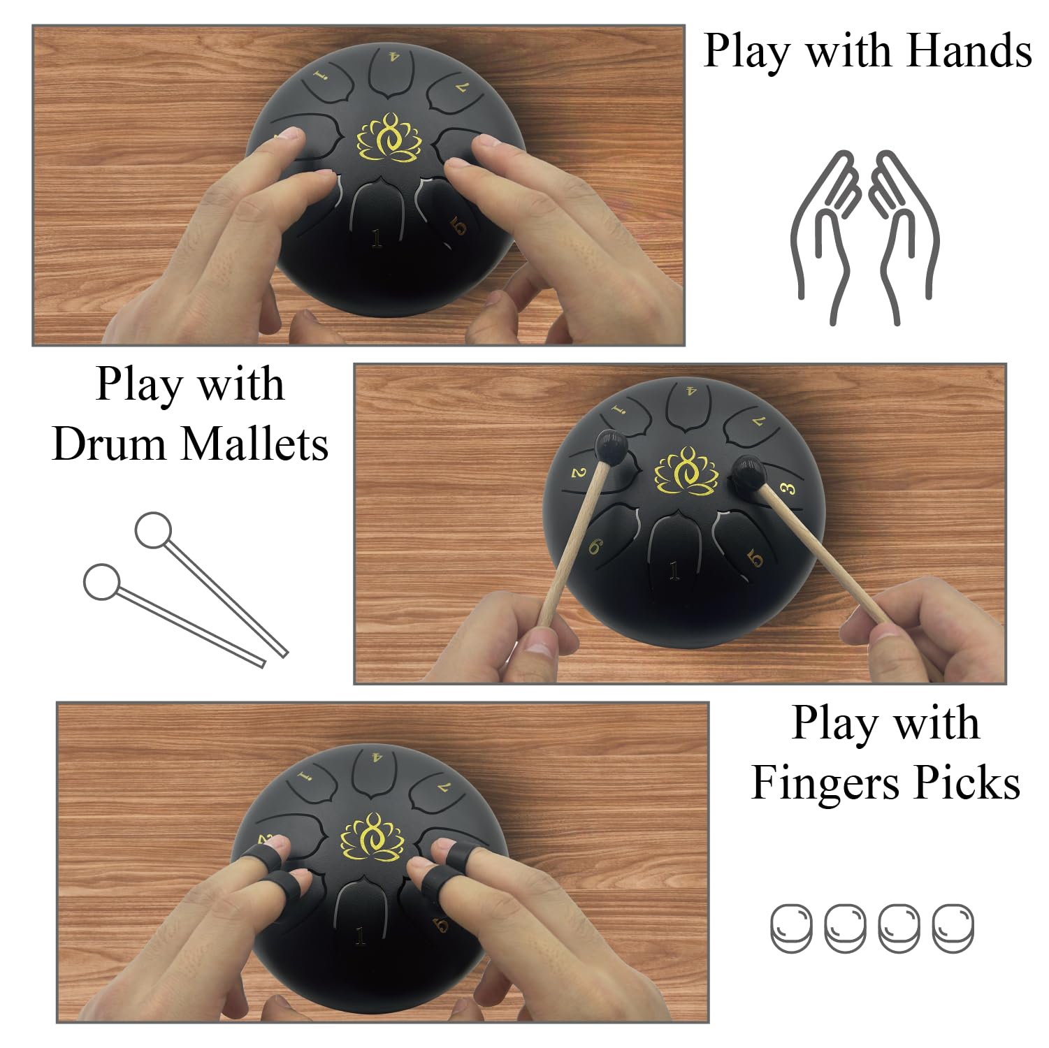 6 Inch 8 Note Steel Tongue Drum - Outdoor Rain Drum for Garden & Patio | Beginner Percussion Instrument with Drumsticks | Perfect for Meditation, Yoga & Relaxation (Matte Black)