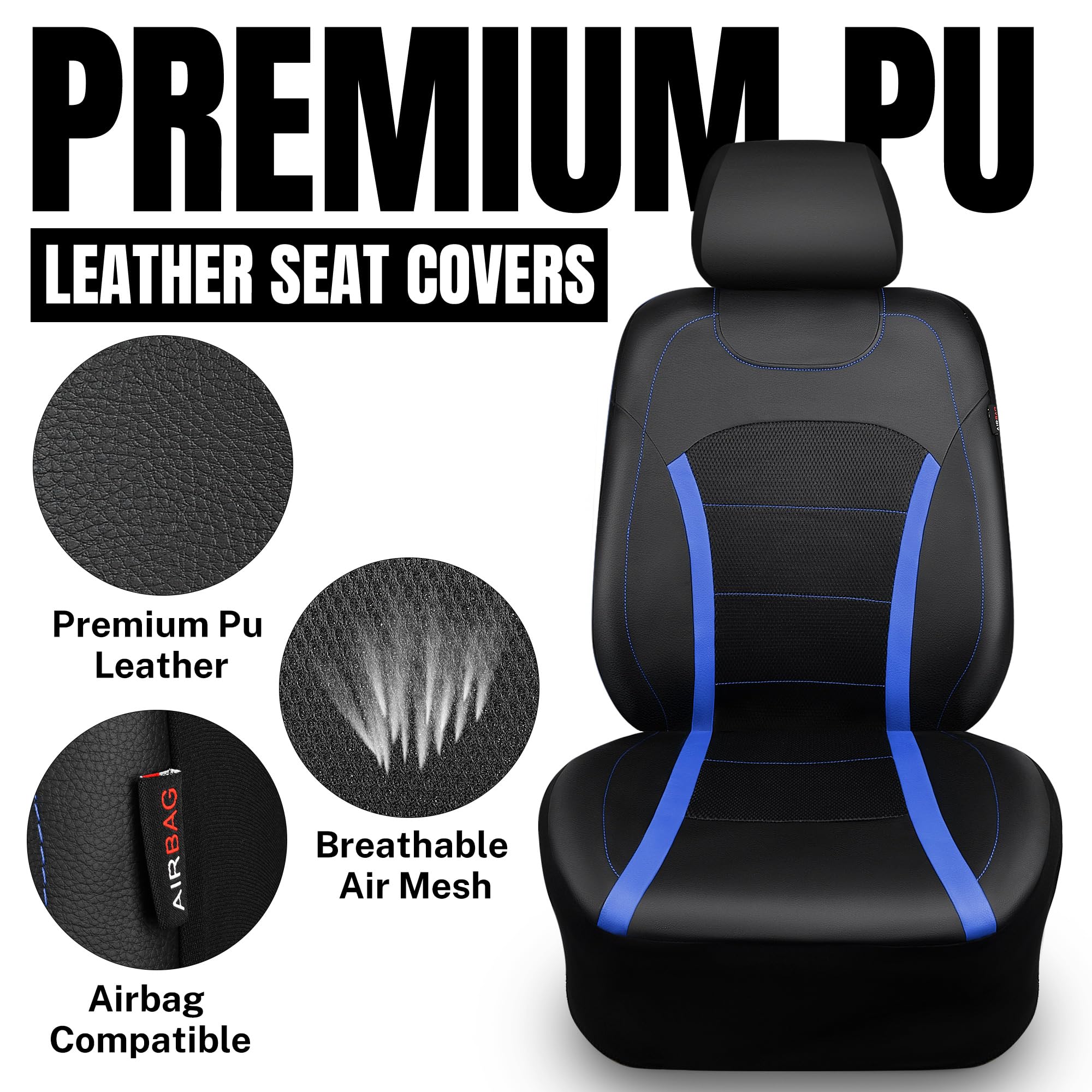 CAR-GRAND Breathable 3D Air Mesh Car Seat Covers Full Set - Universal Leather Seat Protectors with Airbag Compatibility for Cars, SUVs & Trucks (Black/Blue) | Sporty Style for Comfort & Protection During Commutes, Road Trips & Daily Driving