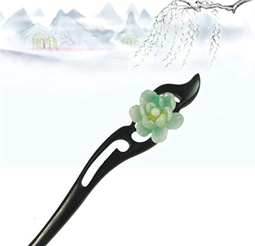 Handmade Wooden Hair Stick - Chinese Ancient Style Carved Hair Pin with Ebony & Jade Flower for Women | Perfect for Bun Updos, Weddings & Traditional Hairstyles