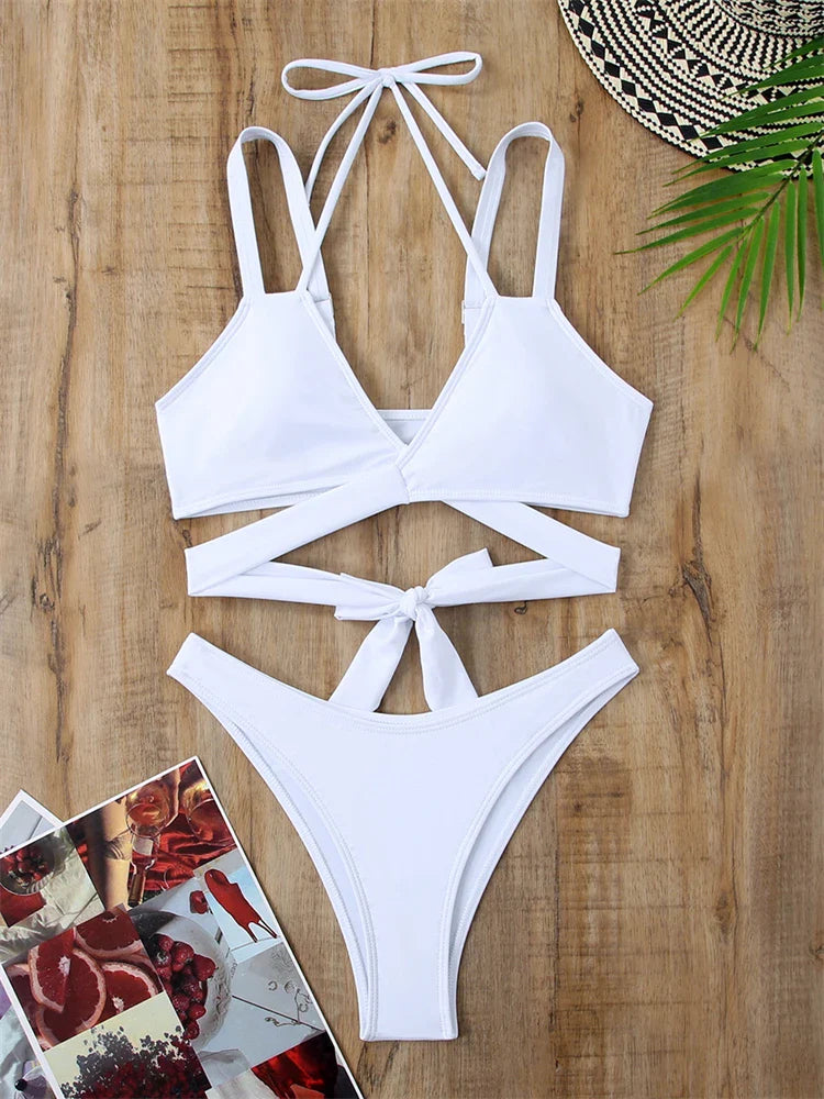 Sexy Women's Bikini Set - Solid Color Sling Lace Up Two Piece Swimwear with Thong Bottom | Perfect for Beach Vacation, Pool Party & Summer Getaways