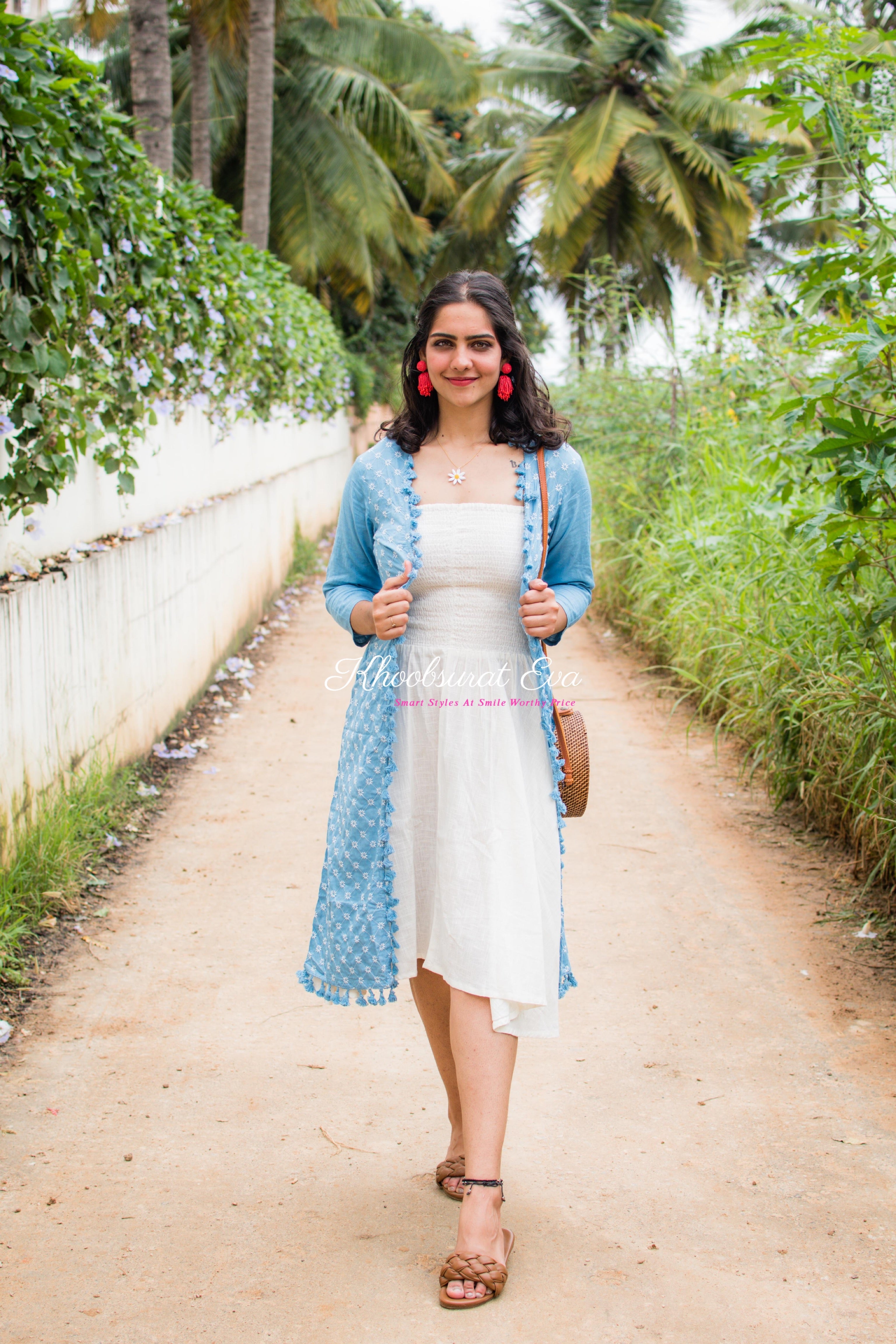 Blue & White Embroidered Jacket Maxi Dress for Women - Elegant Floral Embroidery Long Dress with Detachable Jacket - Perfect for Weddings, Parties & Special Occasions