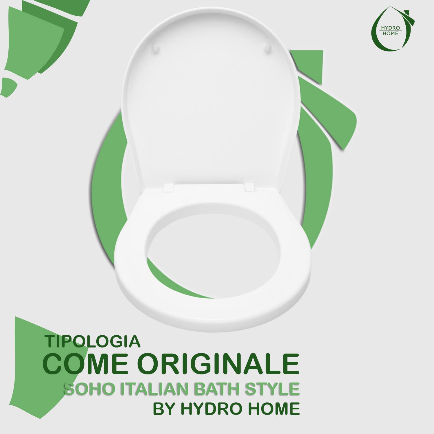 Hydro Home Soft Close White Soho Italian Bath Style Elongated Toilet Seat with Lid - Durable & Comfortable for Modern Bathrooms, Perfect for Home & Hotel Use