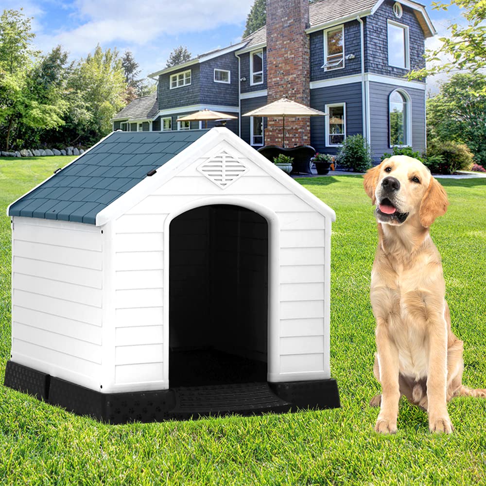 Waterproof Plastic Dog House with Air Vents & Elevated Floor - All Weather Indoor/Outdoor Kennel for Large, Medium & Small Dogs - Perfect for Backyard, Patio, Garage & Camping Use