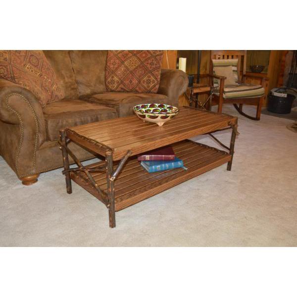 Solid Hickory Wood Coffee Table with Storage Shelf - Rustic Farmhouse Living Room Furniture for Home Decor & Entertainment Areas
