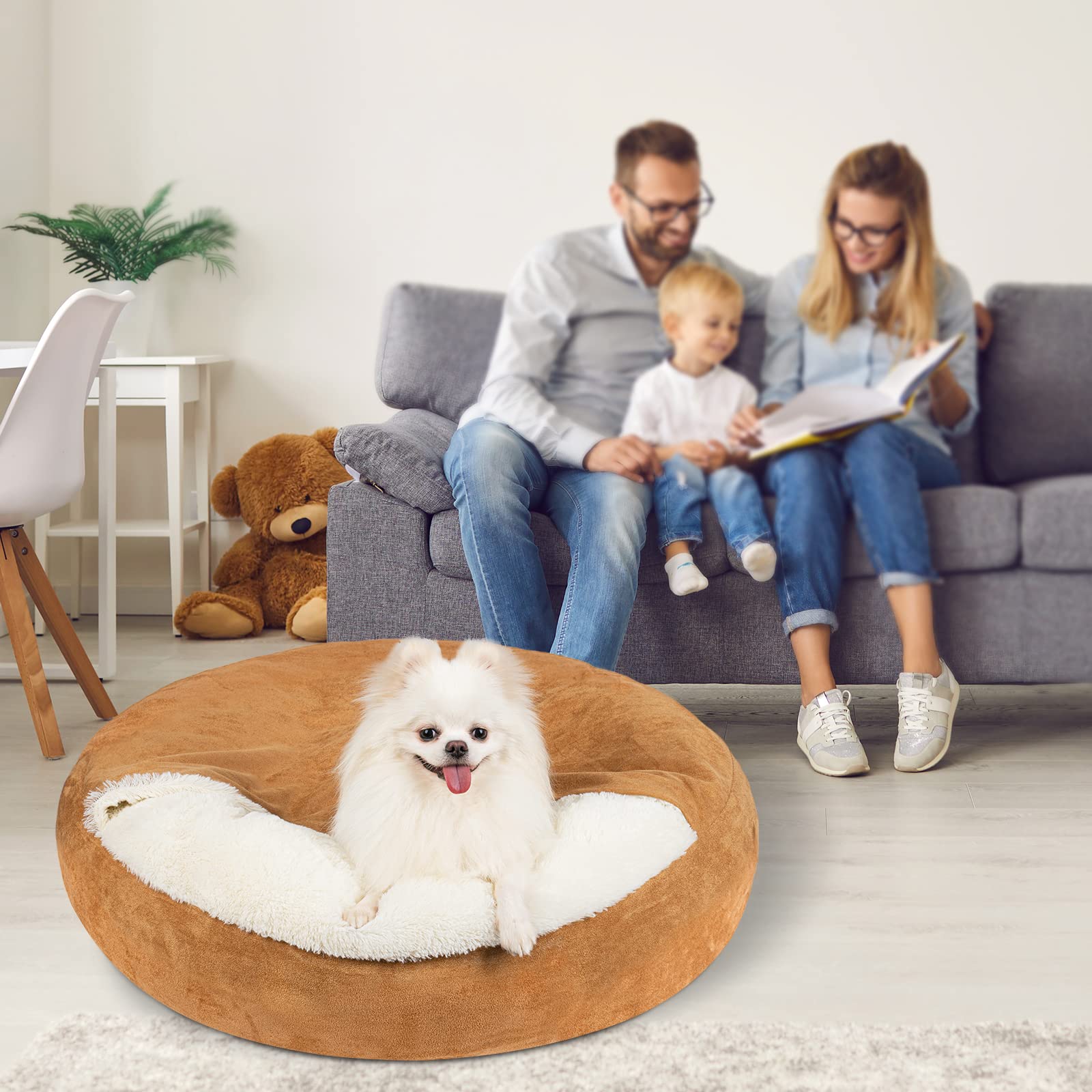 MICOOYO Small Dog Bed with Hooded Blanket - 24 Inch Round Donut Cuddler Pet Bed for Puppies & Cats, Washable & Comfortable (Khaki) - Perfect for Indoor Lounging, Crate Training & Cozy Napping