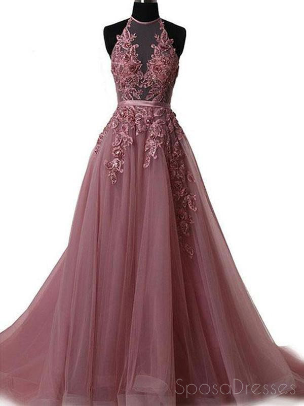 Elegant Halter Dusty Red See-Through A-Line Lace Long Evening Prom Dress - Custom Made Formal Gown for Women | Perfect for Prom Night, Homecoming, Wedding Guest & Special Occasions