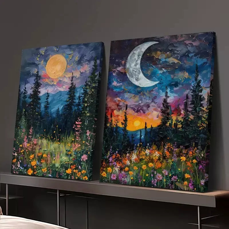 2PCS Sun and Moon Floral Oil Paintings Canvas Wall Art - 50x75cm Framed Prints, High Quality Australian Made, Ready to Hang - Perfect for Living Room, Bedroom, Office Decor