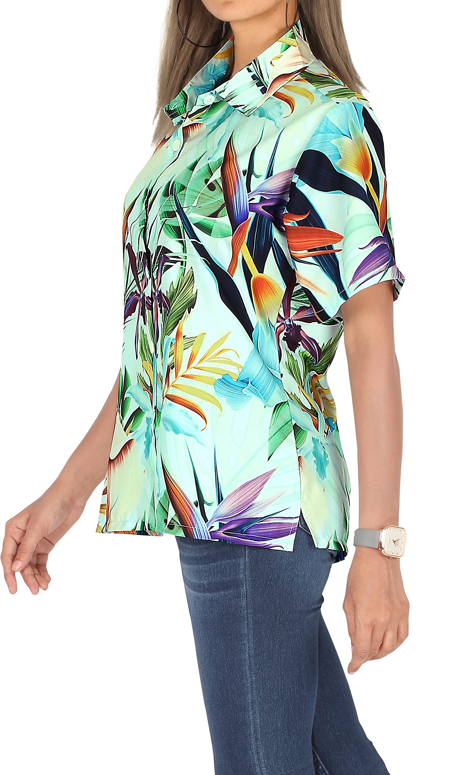 Happy Bay Women's Hawaiian Short Sleeve Shirt - Floral Print Vacation Blouse for Beach, Summer & Casual Wear