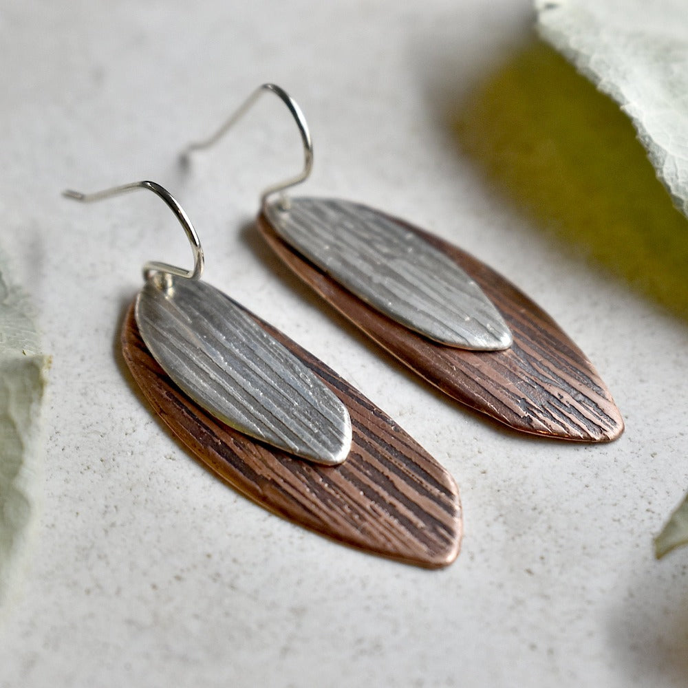 Elegant Silver & Copper Double Drop Earrings with Silk Texture - Perfect for Evening Parties, Weddings & Special Occasions